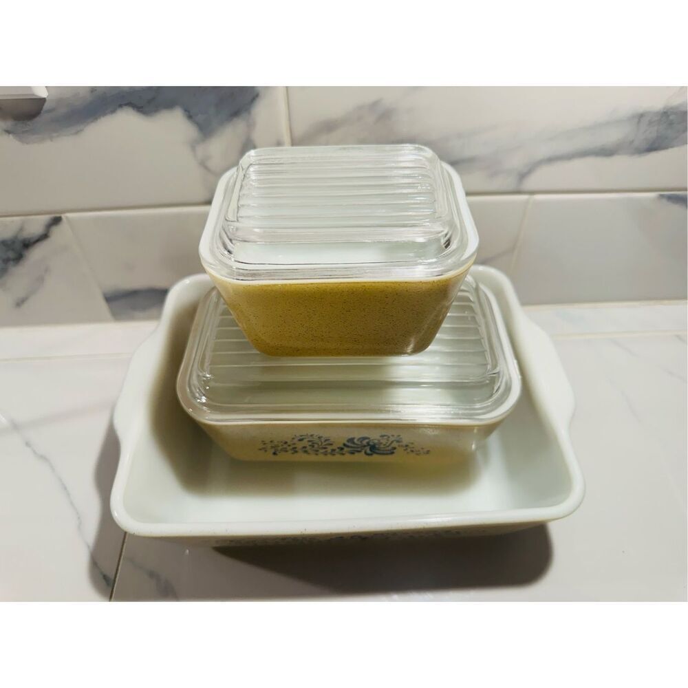 1960 Pyrex “HOMESTEAD" 500- 48 Refrigerator Dish Set 5 Ribbed Lids Box Including - Picture 8 of 9